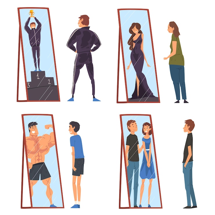 Vetor coleção de pessoas de pé em frente a espelhos olhando para o seu reflexo e imaginando-se como homens e mulheres comuns bem sucedidos vendo-se de forma diferente na ilustração vetorial do espelho