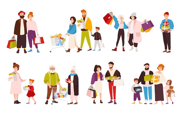 Coleção de pessoas felizes carregando suas compras. conjunto de personagens de desenhos animados planos sorridentes de diferentes idades, com sacolas de compras. homens, mulheres e crianças com caixas e sacolas. ilustração vetorial.