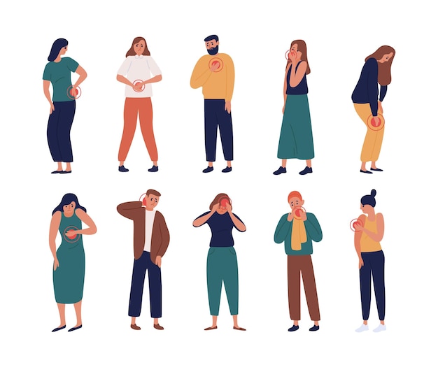Coleção de pessoas infelizes que sofrem de dor ou dor em diferentes partes do corpo - peito, pescoço, perna, costas, braço. Conjunto de pessoas doentes isoladas no fundo branco. Ilustração em vetor colorido dos desenhos animados plana.