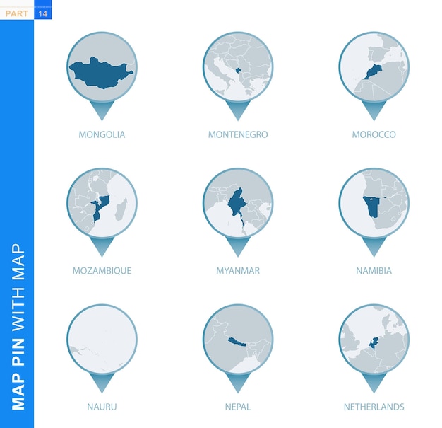 Coleção de pino de mapa com mapa detalhado e países vizinhos, 9 pinos de mapa da Mongólia, Montenegro, Marrocos, Moçambique, Mianmar, Namíbia, Nauru, Nepal, Holanda