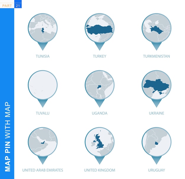 Coleção de pinos de mapa com mapa detalhado e países vizinhos, 9 pinos de mapa da Tunísia, Turquia, Turcomenistão, Tuvalu, Uganda, Ucrânia, Emirados Árabes Unidos, Reino Unido, Uruguai