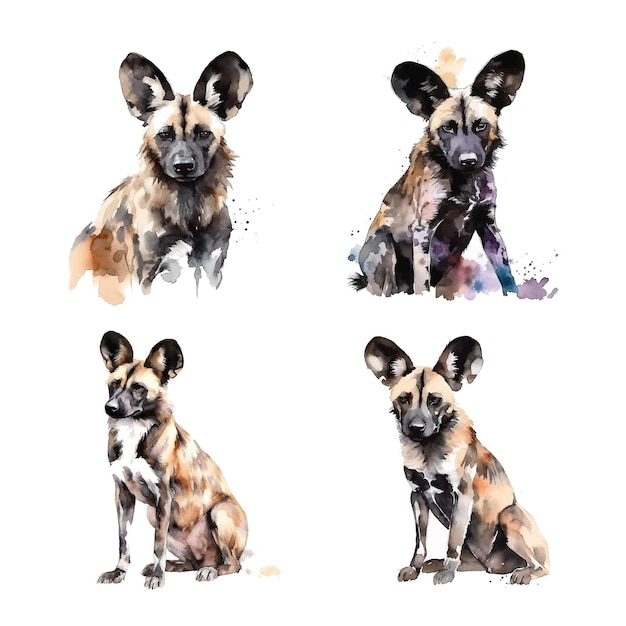 Coleção de pintura em aquarela de cachorro selvagem africano