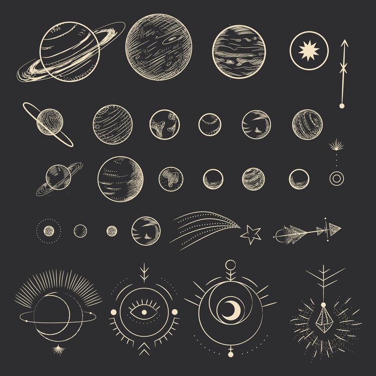 Vetor coleção de planetas com estrelas em estilo vintage de gravura