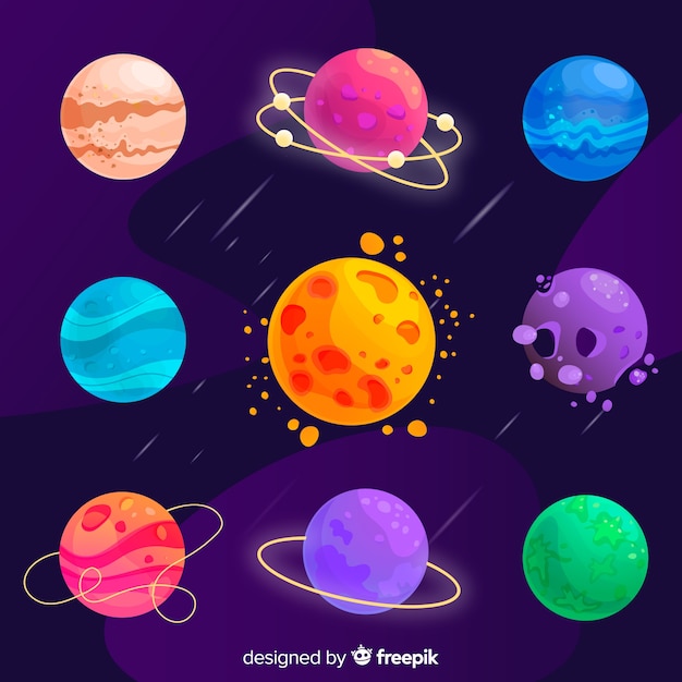 Coleção de planetas planas diferentes coloridos