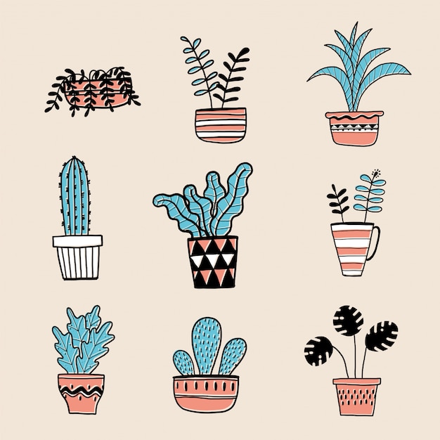 Coleção de plantas de mão desenhada em uma panela.