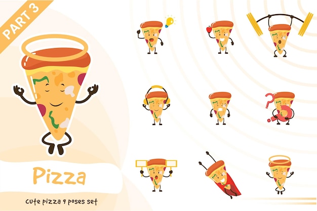 Coleção de poses de pizza de desenho animado