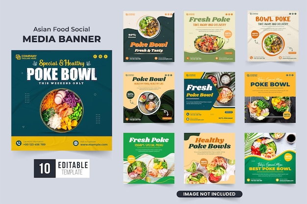 Coleção de postagem de mídia social de menu de comida saudável para marketing Design de pacote de pôster de promoção de negócios de restaurante moderno com cores azuis escuras e amarelas Banner da web de alimentos com espaços reservados para fotos