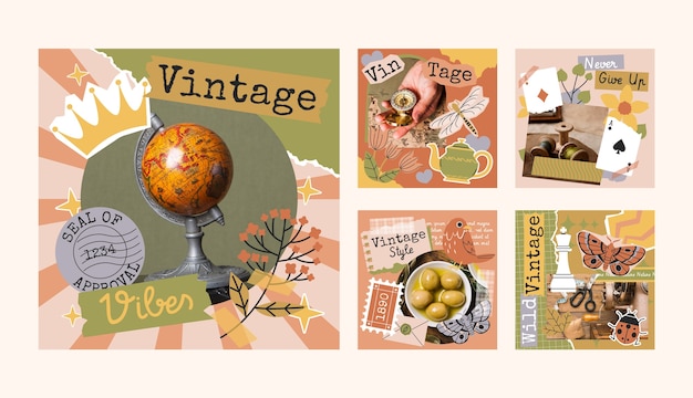 Coleção de postagens de Instagram de colagem vintage plana
