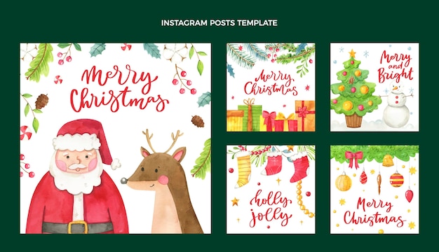 Vetor coleção de postagens de instagram de natal em aquarela