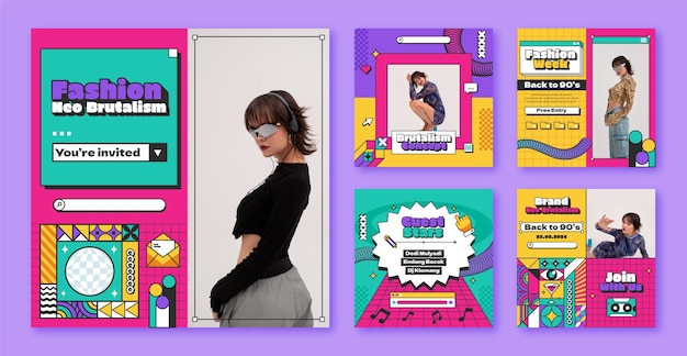 Coleção de postagens de instagram de neo-brutalismo desenhadas à mão