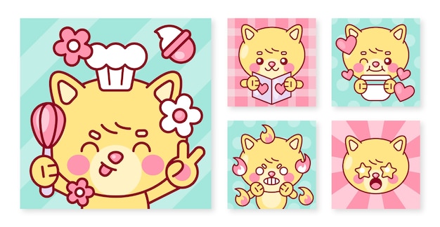 Coleção de postagens de instagram desenhadas à mão no estilo kawaii