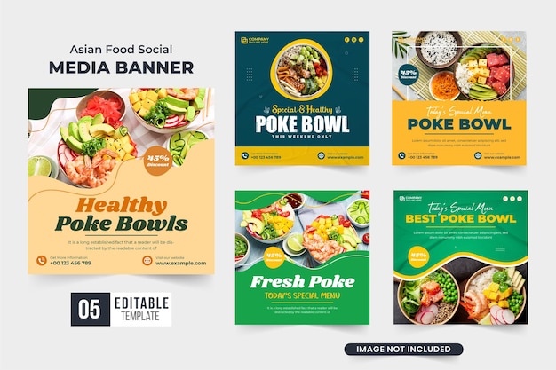 Coleção de postagens de mídia social de alimentos projetada com espaços reservados para fotos para marketing Modelo de promoção de negócios culinários modernos definido vetor com cores escuras e verdes Pacote de banner da web de menu de comida saudável