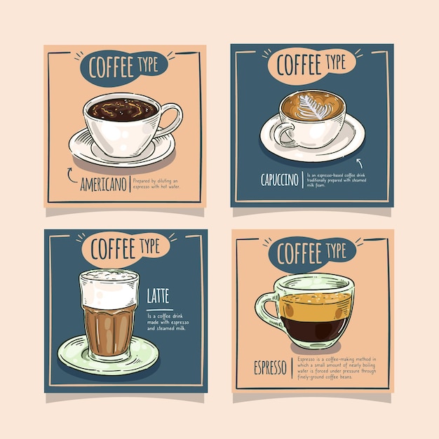 Vetor coleção de postagens de tipos de café no instagram