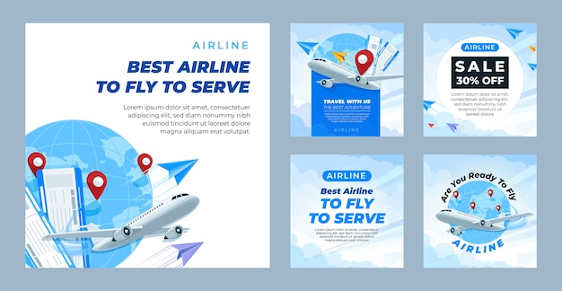 Vetor coleção de postagens do instagram da empresa de serviços aéreos planos