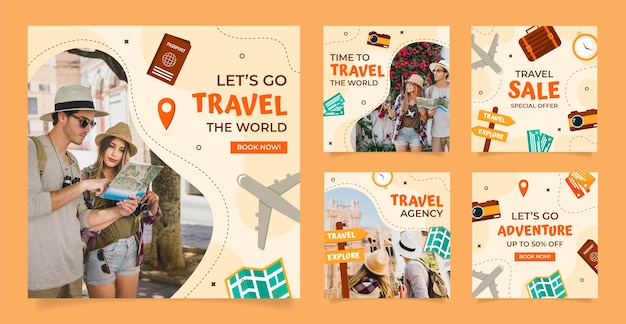 Coleção de postagens do instagram de agência de viagens plana
