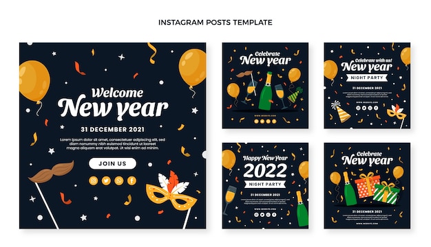 Vetor coleção de postagens do instagram de ano novo simples