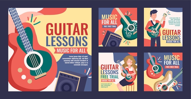 Vetor coleção de postagens do instagram de aulas de guitarra desenhadas à mão