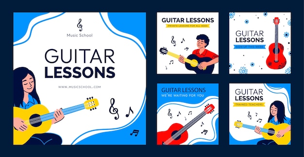 Vetor coleção de postagens do instagram de aulas de guitarra plana