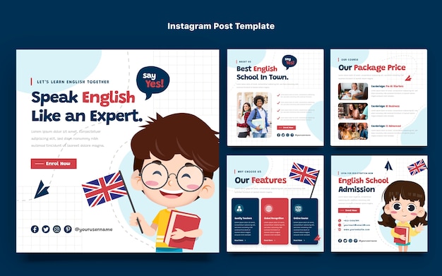 Vetor coleção de postagens do instagram de aulas de inglês planas