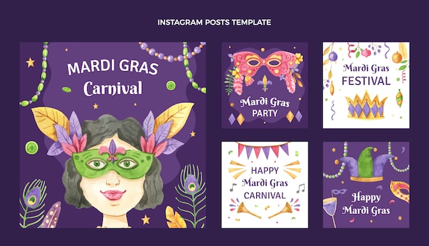 Coleção de postagens do Instagram de carnaval em aquarela