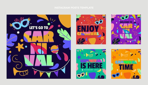 Coleção de postagens do Instagram de carnaval plana