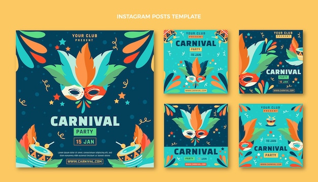 Coleção de postagens do Instagram de carnaval plana