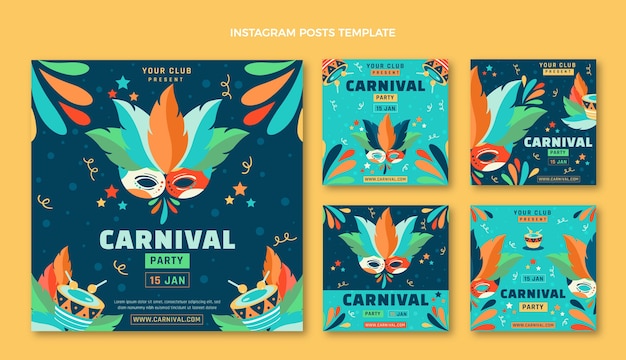 Vetor coleção de postagens do instagram de carnaval plana