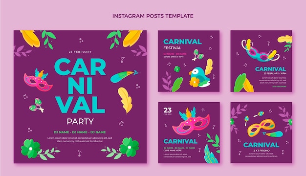 Coleção de postagens do instagram de carnaval plana