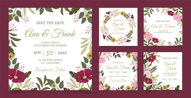 Coleção de postagens do instagram de casamento floral plano