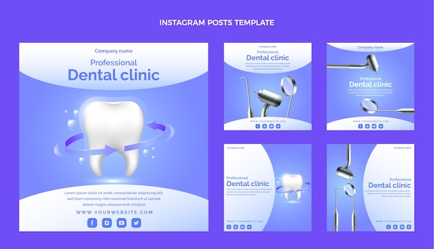 Vetor coleção de postagens do instagram de clínica odontológica gradiente