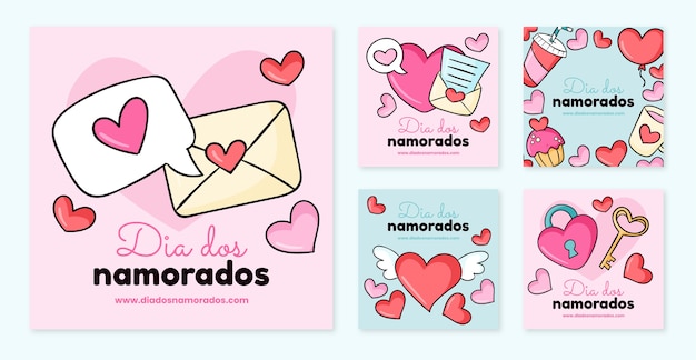 Vetor coleção de postagens do instagram de dia dos namorados desenhada à mão