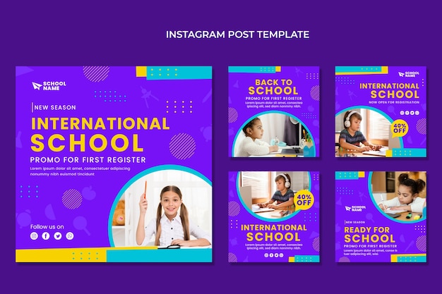 Vetor coleção de postagens do instagram de escola internacional mínima plana