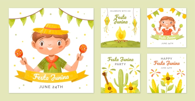 Vetor coleção de postagens do instagram de festa junina em aquarela