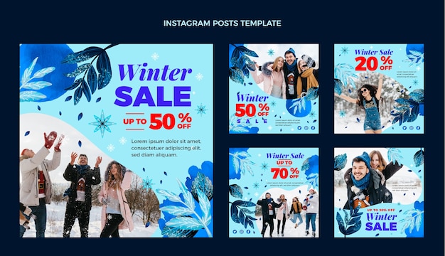 Vetor coleção de postagens do instagram de inverno em aquarela