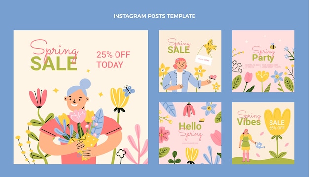 Vetor coleção de postagens do instagram de primavera desenhada à mão