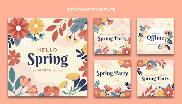 Vetor coleção de postagens do instagram de primavera plana