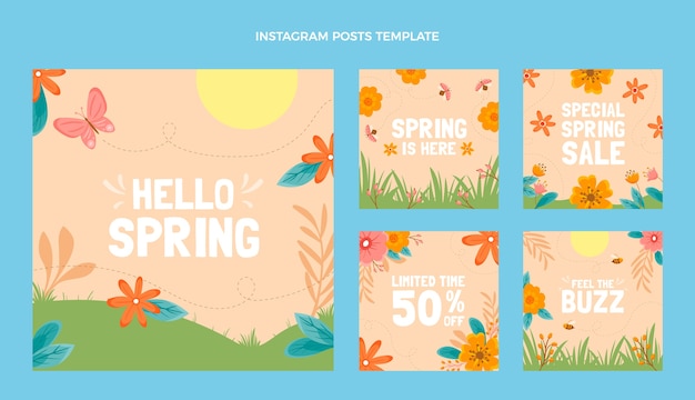 Vetor coleção de postagens do instagram de primavera plana