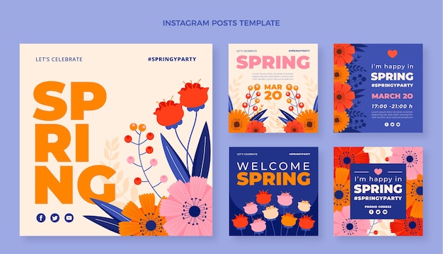 Vetor coleção de postagens do instagram de primavera plana