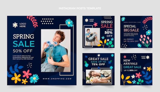 Coleção de postagens do instagram de primavera plana