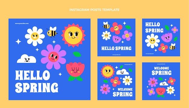 Vetor coleção de postagens do instagram de primavera plana