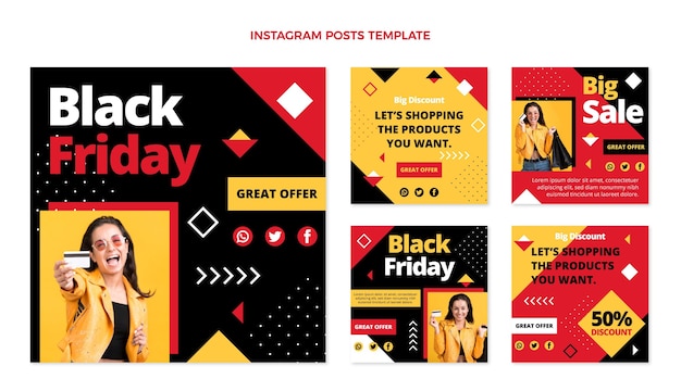 Coleção de postagens do Instagram de sexta-feira preta plana