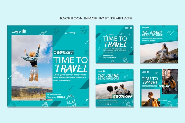 Vetor coleção de postagens do instagram de viagens de design plano