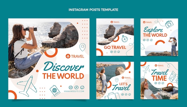 Vetor coleção de postagens do instagram de viagens de design plano