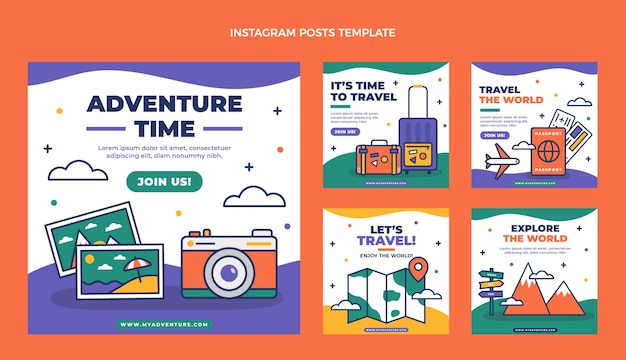 Vetor coleção de postagens do instagram de viagens planas