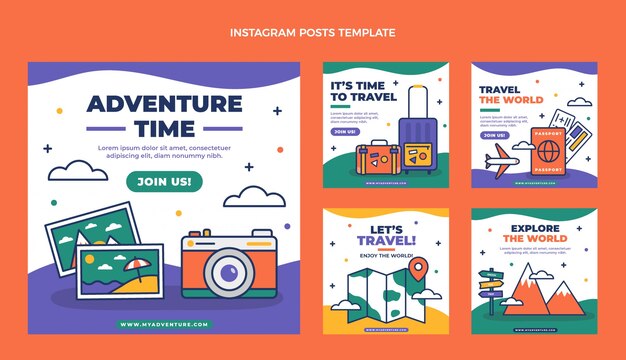 Coleção de postagens do instagram de viagens planas