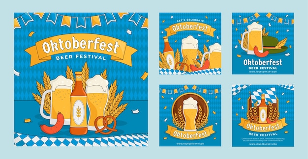 Vetor coleção de postagens do instagram desenhadas à mão para celebração do festival de cerveja oktoberfest