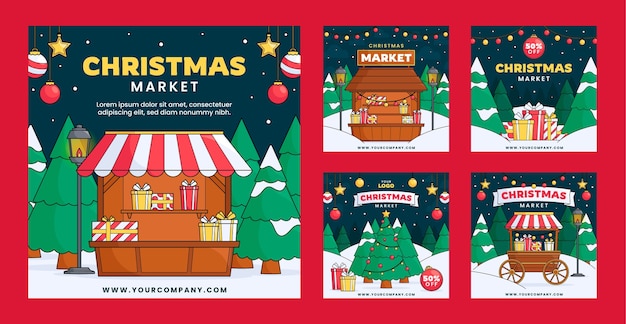 Coleção de postagens do instagram desenhadas à mão para o mercado de natal