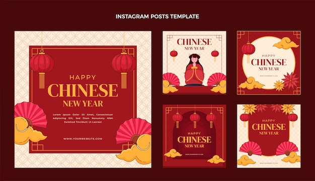 Coleção de postagens do instagram do ano novo chinês desenhada à mão