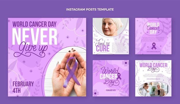 Coleção de postagens do instagram do Dia do Câncer no mundo plano
