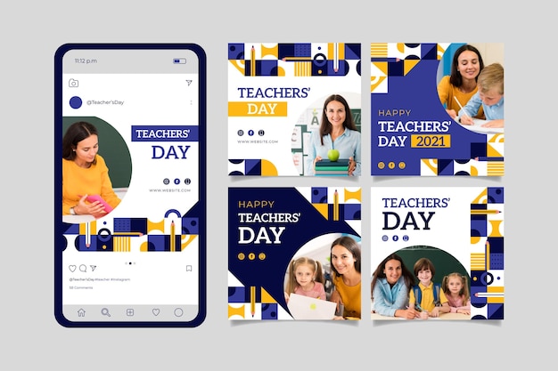 Vetor coleção de postagens do instagram do dia dos professores plana